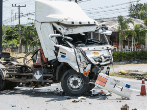 A semi truck that has been in a wreck.