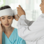 Young woman receiving medical care for a head injury