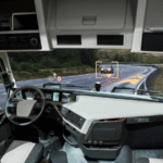 Self driving truck with head up display on a road. Inside view
